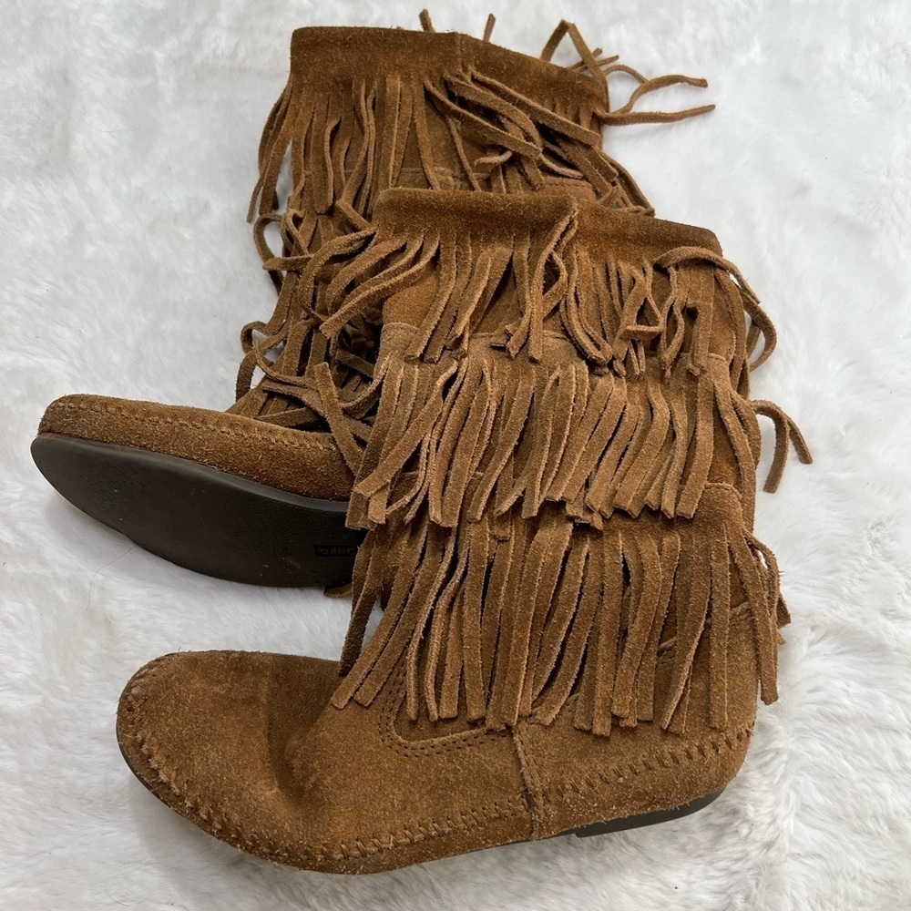 Minnetonka 3 layer suede fringe boho mid calf boot womens size 8